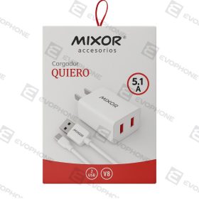 COMBO x10 CARGADOR 220V MOD 12 - QUIERO - 2USB + CABLE V8 (5.1A) - BLANCO