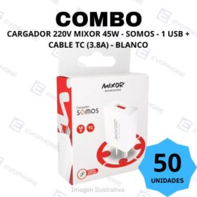COMBO x50 CARGADOR 220V MIXOR 45W - SOMOS - 1 USB + CABLE TC (3.8A) - BLANCO
