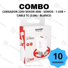 COMBO x10 CARGADOR 220V MIXOR 45W - SOMOS  - 1 USB + CABLE TC (3.8A) - BLANCO