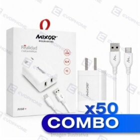 COMBO x50 CARGADOR 220V MIXOR - REALIDAD  - 2 USB + CABLE TC 6.4A - BLANCO
