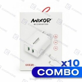 COMBO x10 CARGADOR 220V MOD 12 - QUIERO - 2USB + CABLE TIPO C (3A) - BLANCO