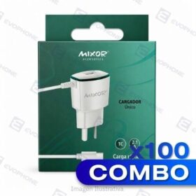 COMBO x100 CARGADOR 220V MIXOR MOD11 - UNICO - 1USB + CABLE TC - BLANCO