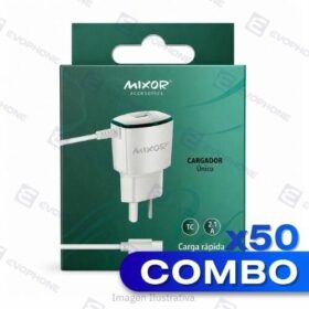 COMBO x50 CARGADOR 220V MIXOR MOD11 - UNICO - 1USB + CABLE TC - BLANCO