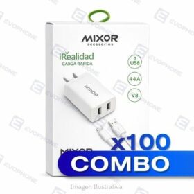 COMBO x100 CARGADOR 220V MIXOR MOD09 - REALIDAD - 2 USB + CABLE V8 (4.4A) - BLANCO
